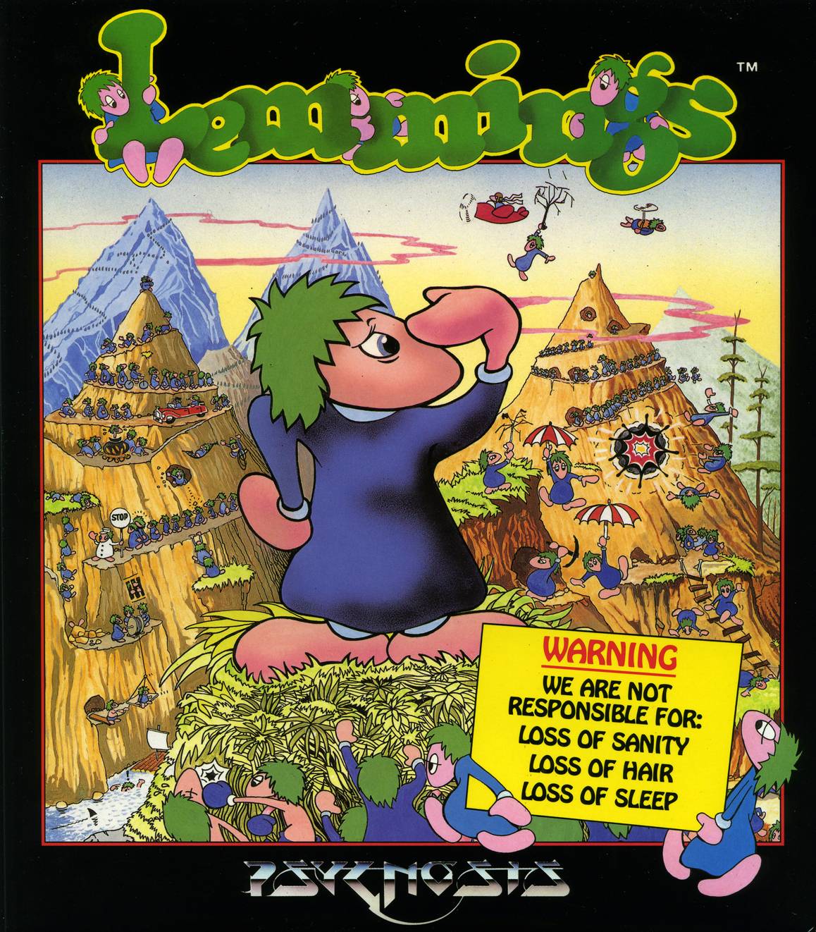 The green hair and blue-shod Lemmings splat all over the cover of this classic game