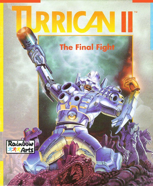 The Turrican fighting suit battling aliens on the cover of Turrican II