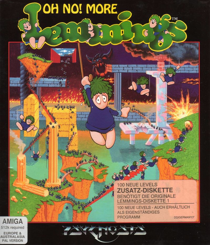 The beautiful cover of the Lemmings expansion pack, Oh No! More Lemmings